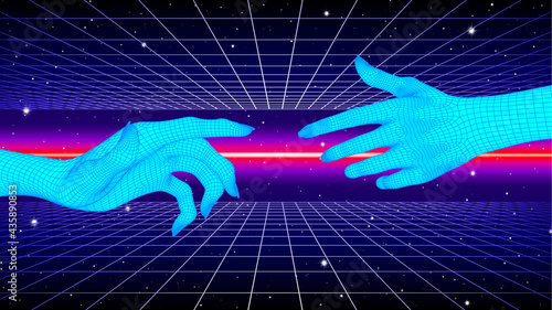 Hands touching in cyberpunk concept with 80s neon and grid style. Synthwave or vaporwave illustration with human and machine connection