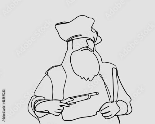 Continuous line, Pirate captain in big hat with a flint pistol in hand. Drawing of set People. (Vector illustration one line drawing)
