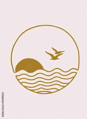 beautiful golden illustration boho style poster on beige background