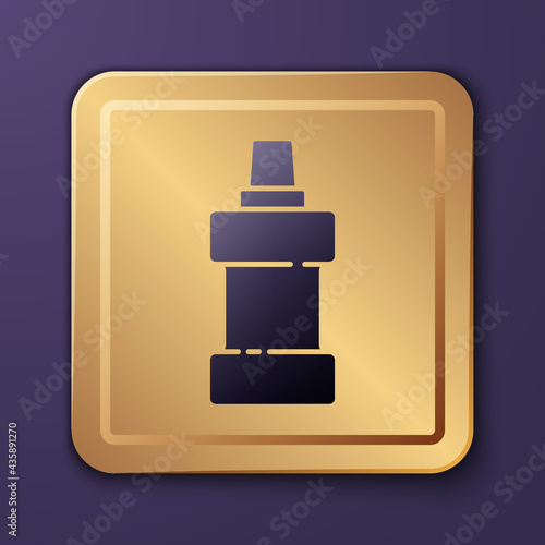 Purple Plastic bottle for laundry detergent, bleach, dishwashing liquid or another cleaning agent icon isolated on purple background. Gold square button. Vector