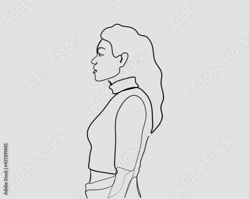 Continuous line, Young african american girl looking to the side. Drawing of set People. (Vector illustration one line drawing)