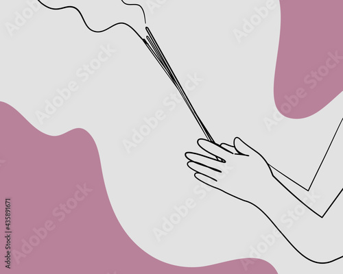 Continuous line, Incense stick in hand. Drawing of set Buddhism. (Vector illustration one line drawing)
