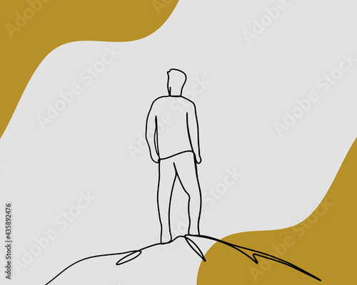 Continuous line, Young man standing on top of cliff. Drawing of set Travel. (Vector illustration one line drawing)