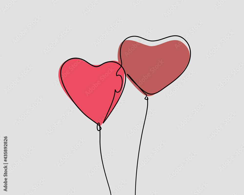Continuous line, Two pink heart balloons. Drawing of set Love. (Vector illustration one line drawing)