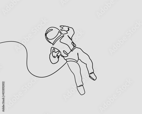 Continuous line, Astronaut floating in outer space. Drawing of set Galaxy. (Vector illustration one line drawing)