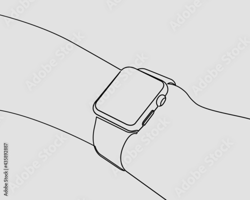 Continuous line, Young man wearing Apple watch. Drawing of set Time. (Vector illustration one line drawing)