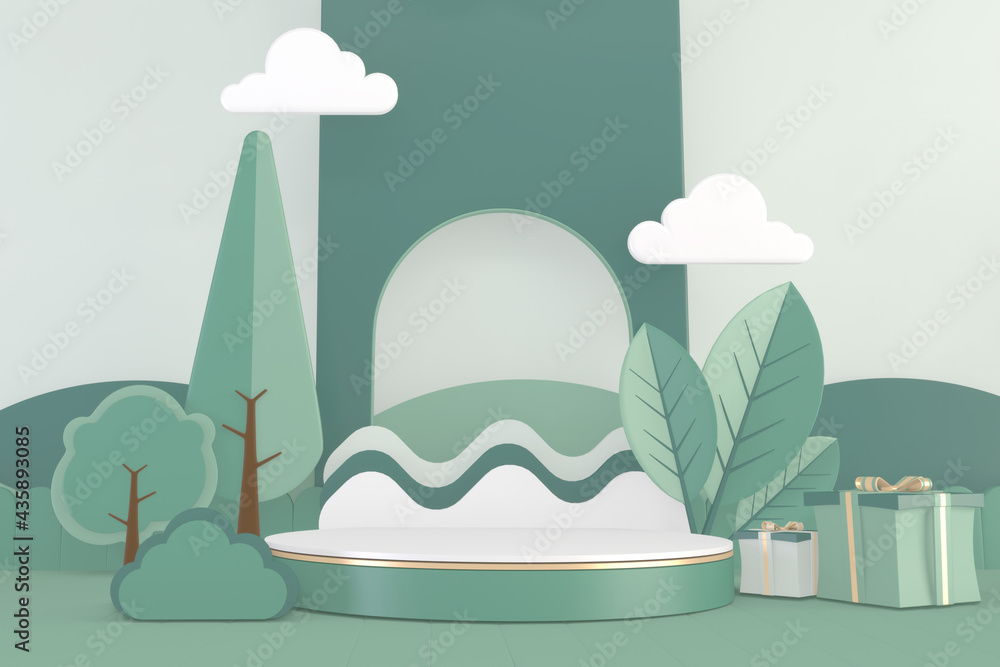 Naklejka premium Modern Cylinder podiums green and decoration cartoon style.3D rendering