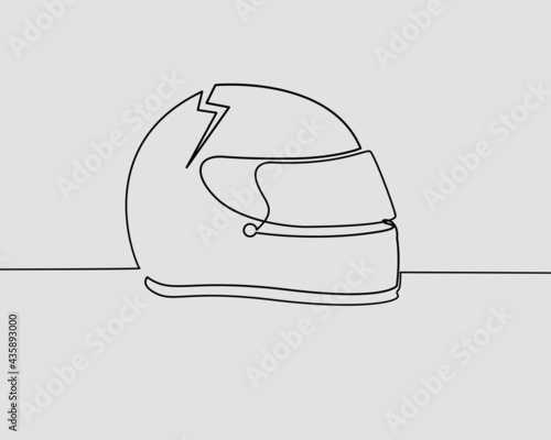 Continuous line, Motorcycle helmet broke at ground. Drawing of set Traffic. (Vector illustration one line drawing)