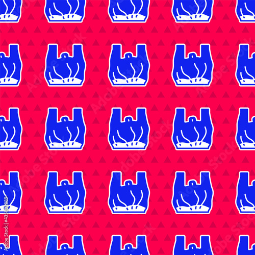 Blue Say no to plastic bags poster icon isolated seamless pattern on red background. Disposable cellophane and polythene package prohibition sign. Vector