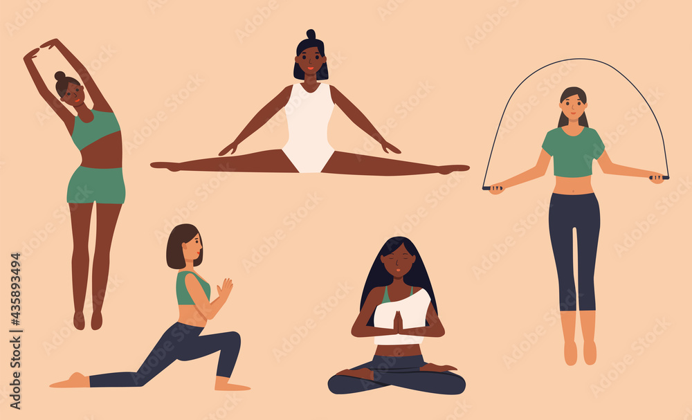 A set of girls doing gymnastic exercises. Girls of different nationalities do exercises. Vector concept of sports, yoga, workout and healthy lifestyle. The girl does sports at home. Flat illustration. A set of girls doing gymnastic exercises. Girls of different nationalities do exercises. Vector concept of sports, yoga, workout and healthy lifestyle. The girl does sports at home. Flat illustration.