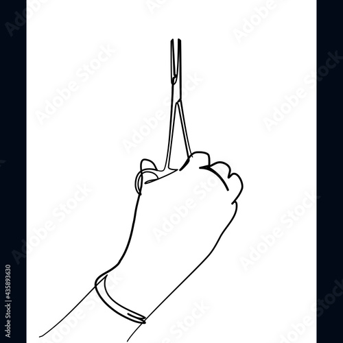 Continuous line, Doctor's hand in a white glove holding a surgical clip. Drawing of set Health. (Vector illustration one line drawing)