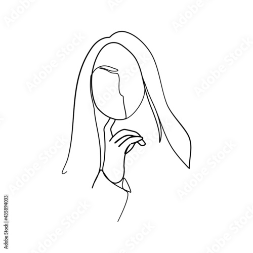 Continuous line, Girl thinking worried about a question, concerned and nervous with hand on chin. Drawing of set People. (Vector illustration one line drawing)