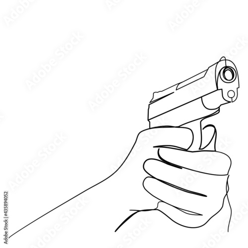 Continuous line, Pistol hold in hand. Drawing of set Gun. (Vector illustration one line drawing)
