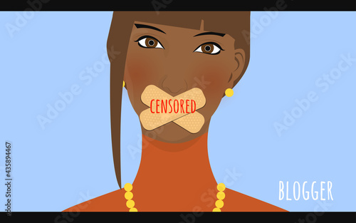 Young person with mouth sealed with crossed sticking plasters. Censorship concept. Stock vector illustration.