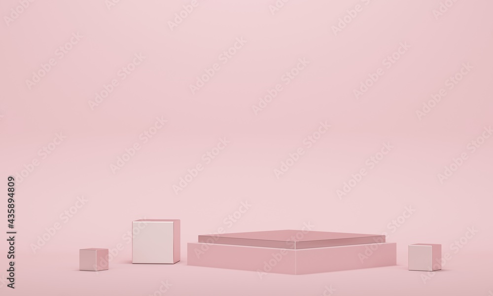 Empty platform rhombus with metal cubes on pink background. 3d rendering Empty platform rhombus with metal cubes on pink background. 3d rendering