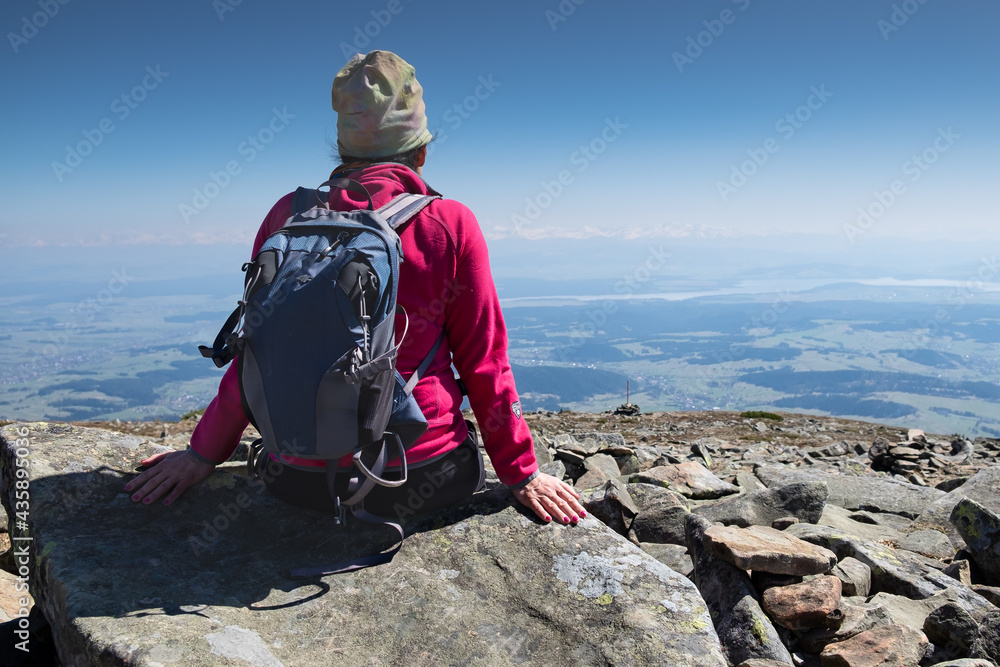 I contemplate the view of the mountain. Beskid Żywiecki mountains. Poland