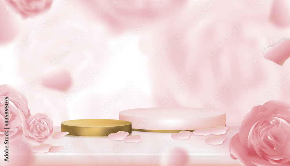 Studio room with Gold Cylinder Podium Showcase display with blurry English rose background,Vector 3D podium on blurry spring flower,Sweet pink pastel backdrop banner for cosmatic or Spa products Studio room with Gold Cylinder Podium Showcase display with blurry English rose background,Vector 3D podium on blurry spring flower,Sweet pink pastel backdrop banner for cosmatic or Spa products