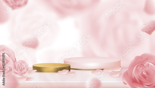 Studio room with Gold Cylinder Podium Showcase display with blurry English rose background,Vector 3D podium on blurry spring flower,Sweet pink pastel backdrop banner for cosmatic or Spa products