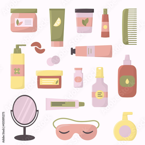 Vector set of accessories for self-care. Organic cosmetic packaging big set - bottles  glass jars  tubes. Natural face care products. Woman stuff  eco girls accessory concept. Flat vector illustration