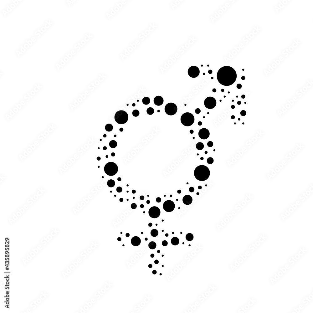 A large bigender symbol in the center made in pointillism style. The center symbol is filled with black circles of various sizes. Vector illustration on white background A large bigender symbol in the center made in pointillism style. The center symbol is filled with black circles of various sizes. Vector illustration on white background