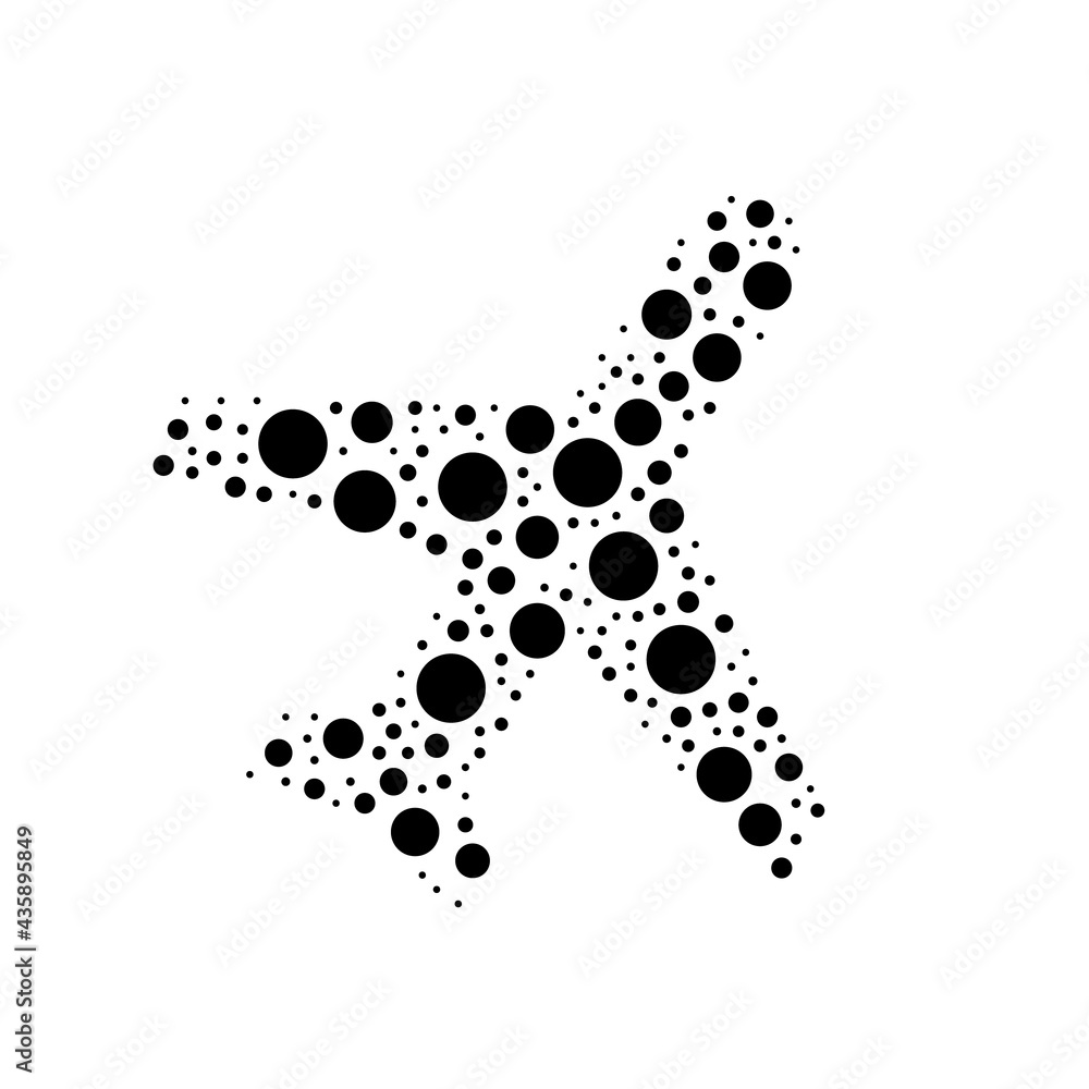 A large plane symbol in the center made in pointillism style. The center symbol is filled with black circles of various sizes. Vector illustration on white background A large plane symbol in the center made in pointillism style. The center symbol is filled with black circles of various sizes. Vector illustration on white background