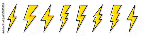 Yellow lightning bolt icons collection. Flash symbol  thunderbolt. Simple lightning strike sign. Vector illustration.