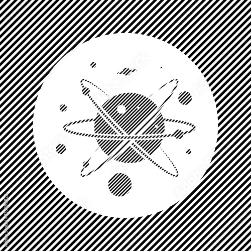 A large cosmic symbol in the center as a hatch of black lines on a white circle. Interlaced effect. Seamless pattern with striped black and white diagonal slanted lines