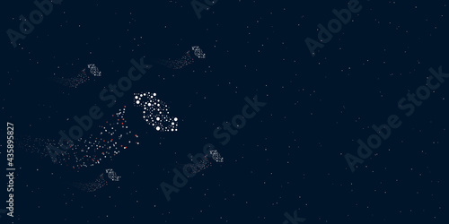 A videoconference symbol filled with dots flies through the stars leaving a trail behind. There are four small symbols around. Vector illustration on dark blue background with stars