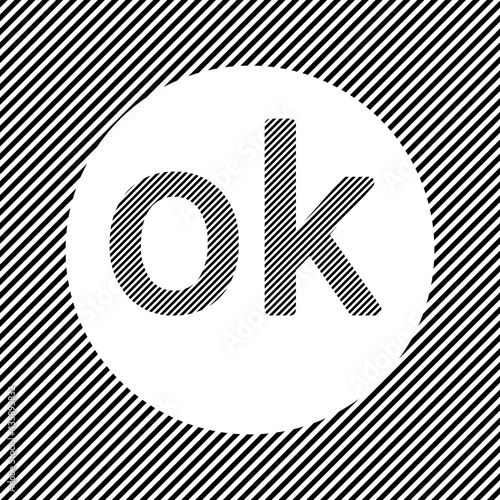 A large ok symbol in the center as a hatch of black lines on a white circle. Interlaced effect. Seamless pattern with striped black and white diagonal slanted lines