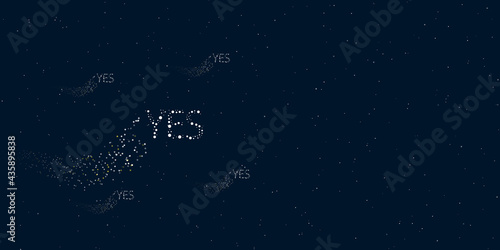 A yes symbol filled with dots flies through the stars leaving a trail behind. Four small symbols around. Empty space for text on the right. Vector illustration on dark blue background with stars
