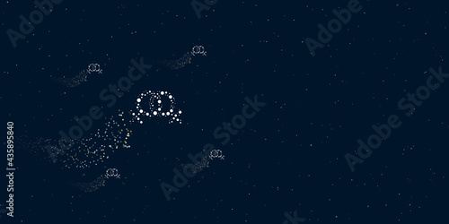 A lesbian symbol filled with dots flies through the stars leaving a trail behind. Four small symbols around. Empty space for text on the right. Vector illustration on dark blue background with stars