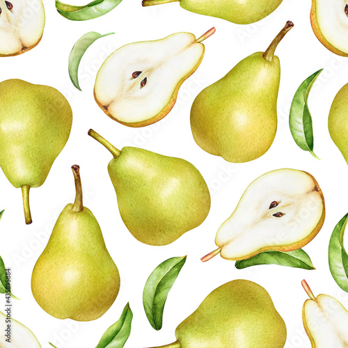 Seamless pattern of watercolor pears and green leaves