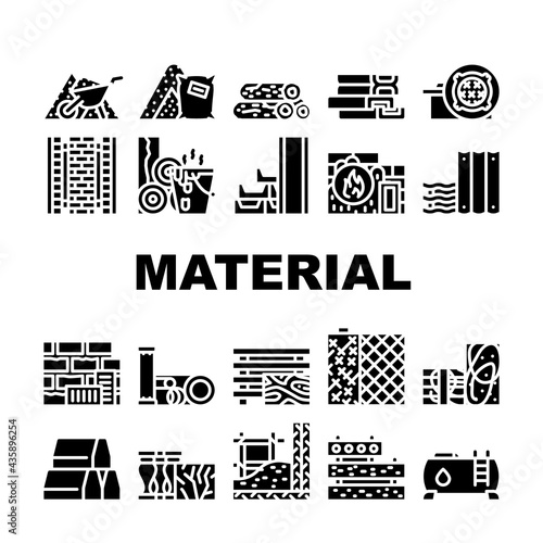 Building Material Collection Icons Set Vector. Metallic Armature Grid And Styrofoam, Bitumen And Concrete Brick Building Material Glyph Pictograms Black Illustrations