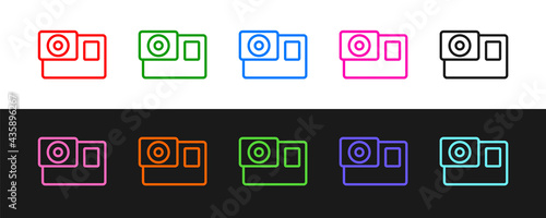 Set line Action extreme camera icon isolated on black and white background. Video camera equipment for filming extreme sports. Vector