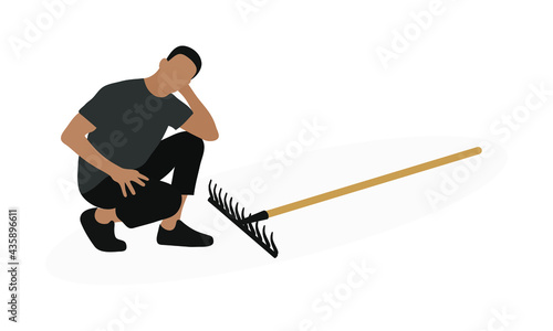 Male character squatting and looking at lying rake on white background