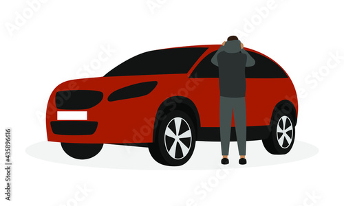 Male character stands and puts a hood on his head near a modern car on a white background