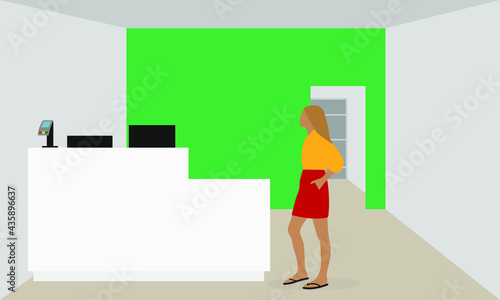 Female character in empty room with table, computer and payment terminal