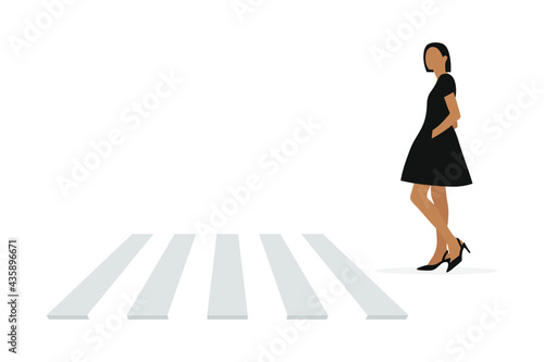 Young female character in a dress stands in front of a pedestrian crossing on a white background