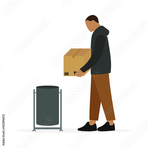 Male character with a cardboard box in his hands stands near a trash can on a white background