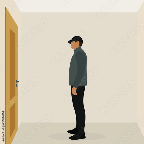 A male character stands in front of a closed door