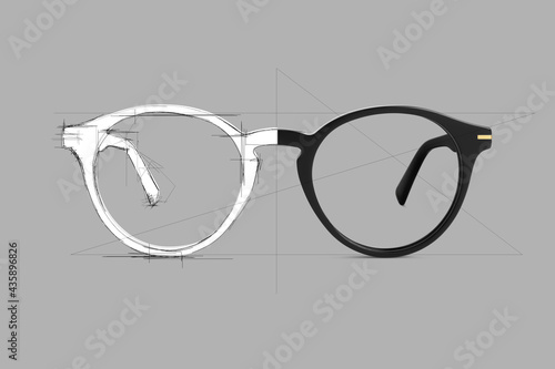 Design sketch draft black color eye glasses isolated on gray background, ideal photo for display or advertising sign or for a web banner photo