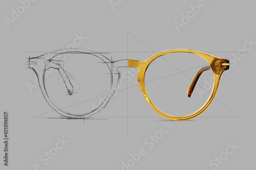 Design sketch draft beige color eye glasses isolated on gray background, ideal photo for display or advertising sign or for a web banner photo