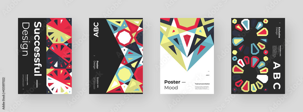 Abstract set Placards, Posters, Flyers, Banner Designs. Colorful illustration on vertical A4 format. Flat geometric shapes. Decorative ornament, mosaic backdrop.