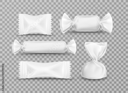 Vector realistic candy paper wrappers for brand ad design on transparent background. Set of illustrations of white glossy plastic packing for candies, chocolate, truffle and pouch sweets production.