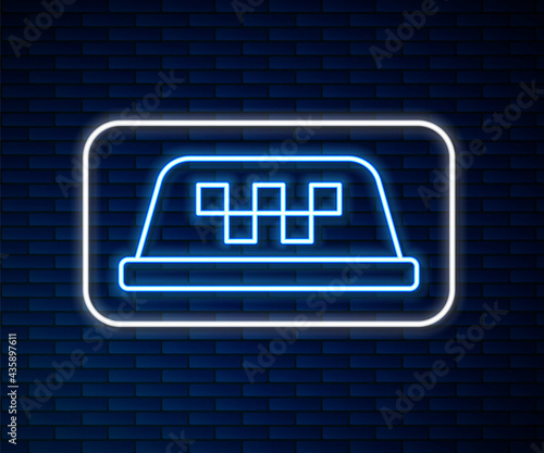 Glowing neon line Taxi car roof icon isolated on brick wall background. Vector