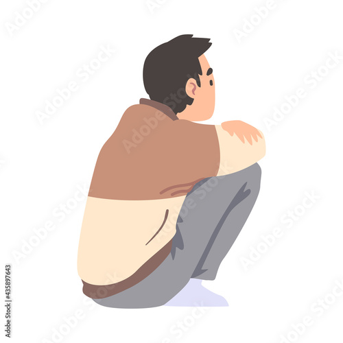 Boy Sitting on Floor in Half Turn Cartoon Vector Illustration