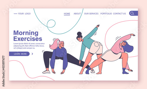 Concept for web page, landing page, web design. Healthy lifestyle, exercise in the morning. Female characters in modern flat style with outline, go in for sports, fitness, yoga, workout. photo