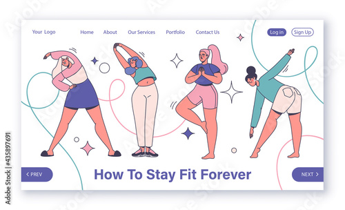 Sports, gymnastics, fitness, yoga concept for landing page template. Smiling woman doing exercises, workout, training. Vector characters in different poses, flat design, outline, line art.