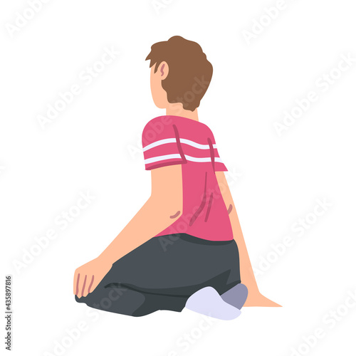 Young Man Sitting on Floor in Half Turn Cartoon Vector Illustration