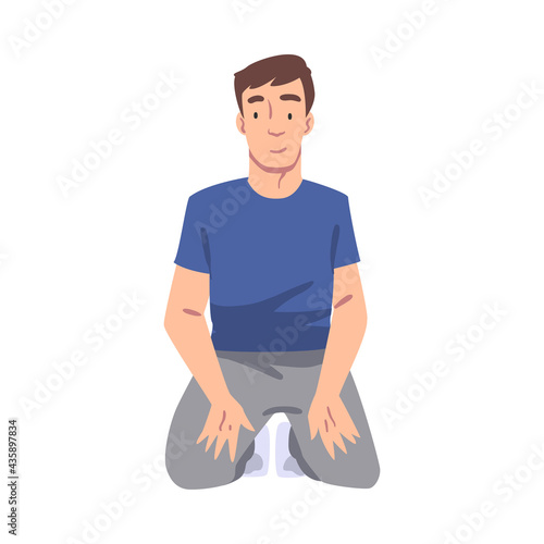 Front View of Young Man in Casual Clothes Sitting on Floor on his Knees Cartoon Vector Illustration